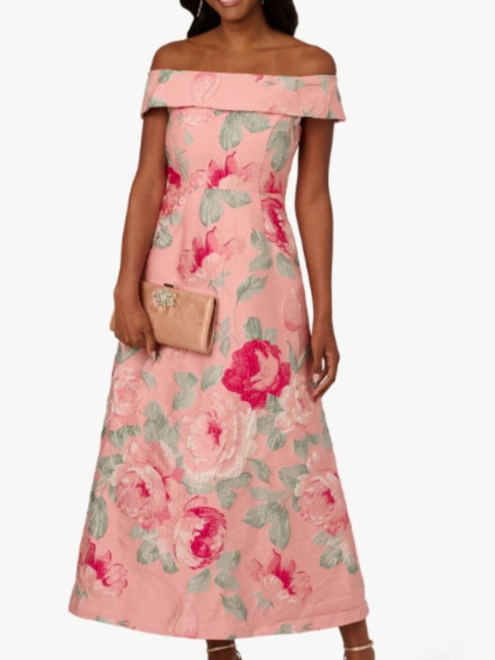NWT Adrianna Papell Jacquard Floral Off-Shoulder Fit&Flare Midi Dress w/ Pockets